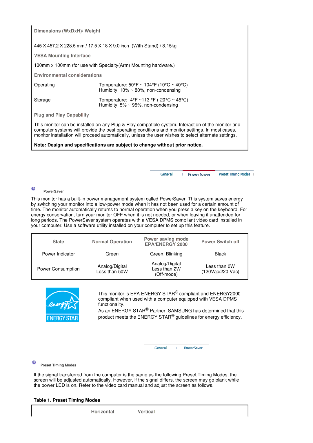 Samsung 204T manual Environmental considerations, Preset Timing Modes 