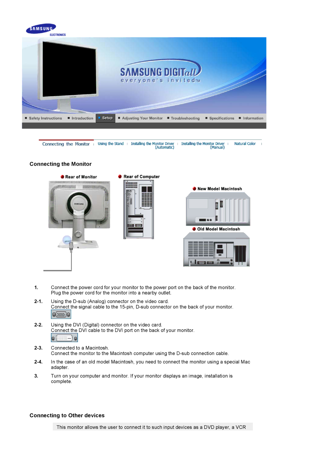 Samsung 204TS manual Connecting the Monitor 