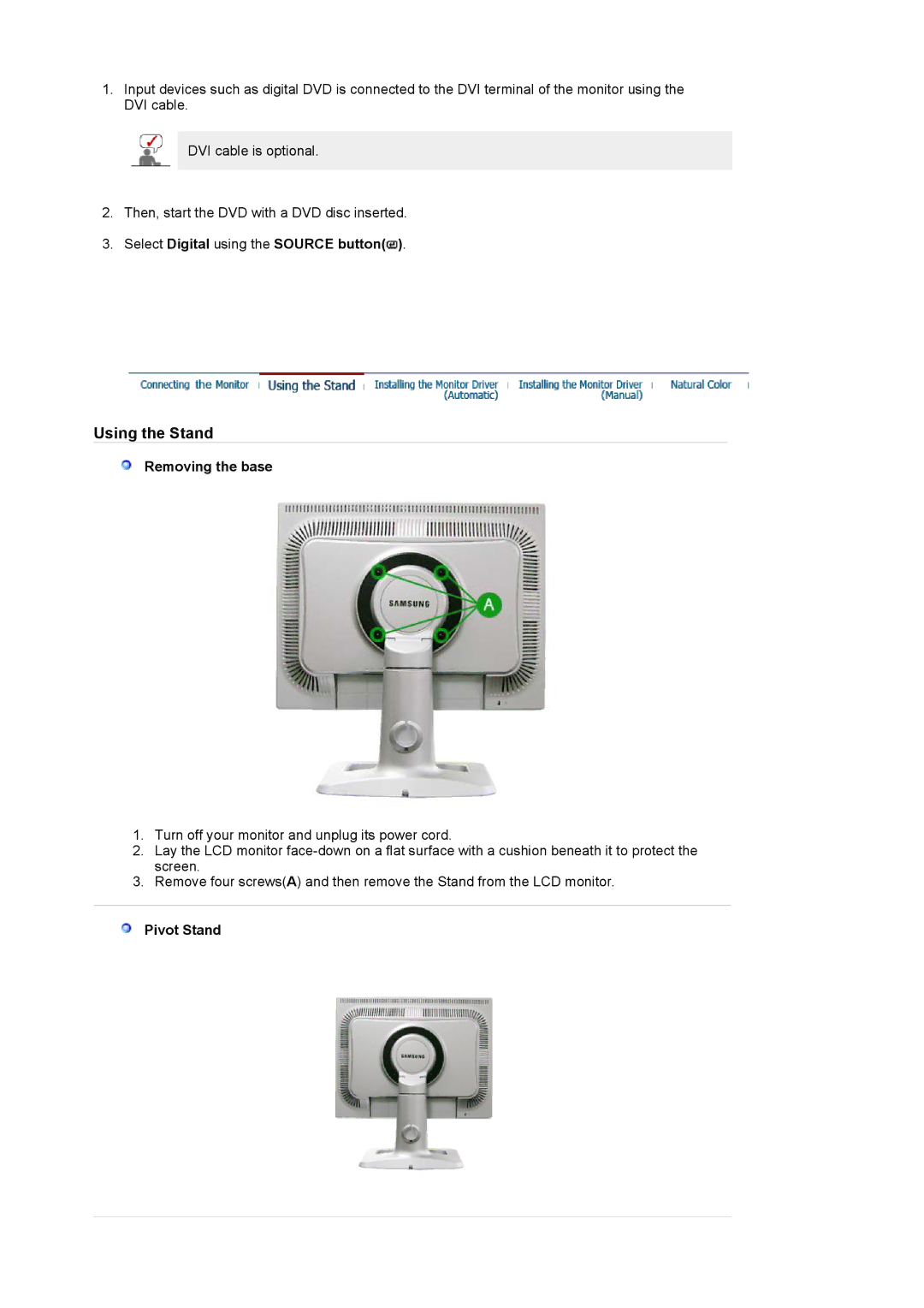 Samsung 204TS manual Select Digital using the Source button, Removing the base, Pivot Stand 