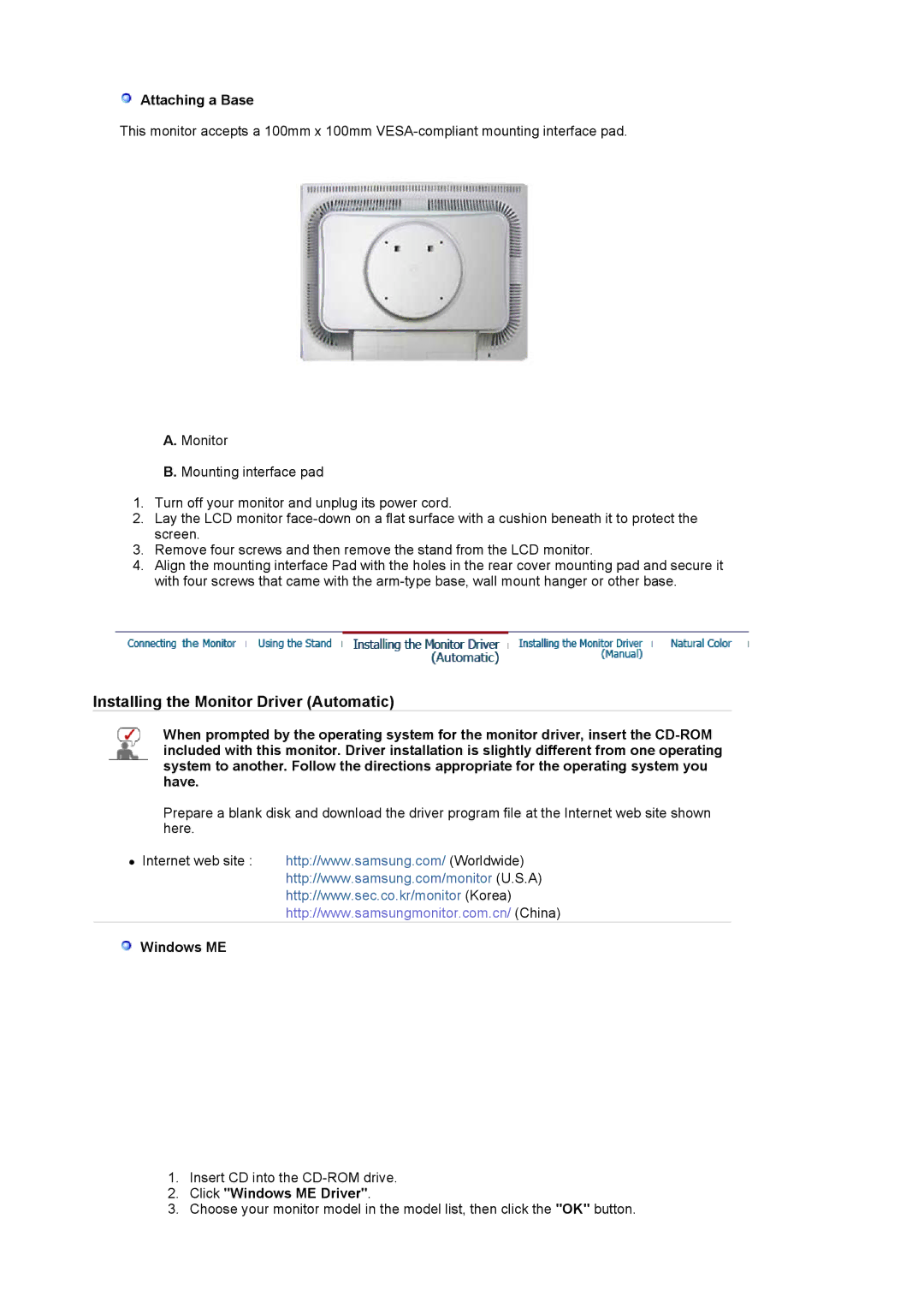 Samsung 204TS manual Attaching a Base, Click Windows ME Driver 