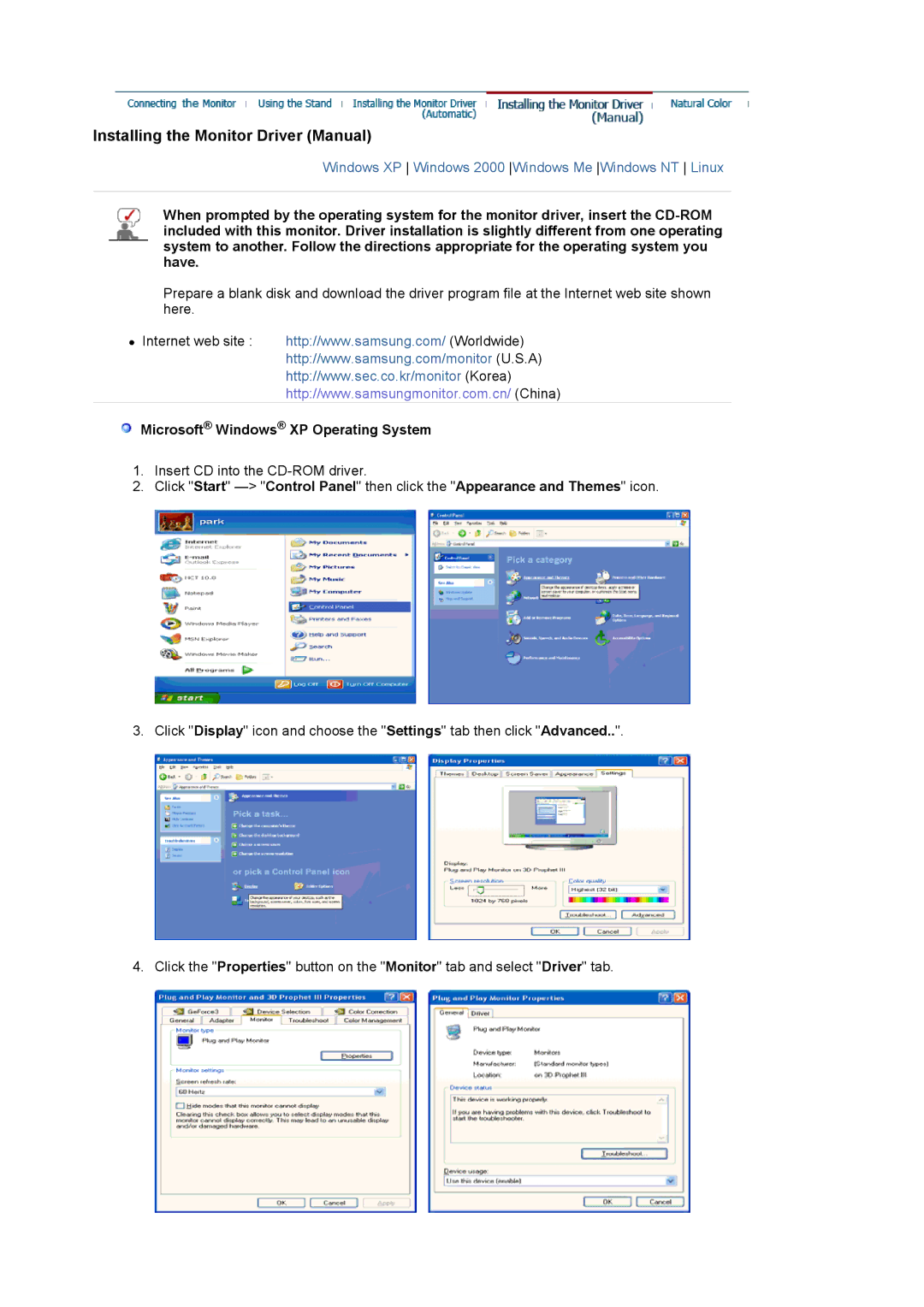 Samsung 204TS manual Installing the Monitor Driver Manual, Microsoft Windows XP Operating System 