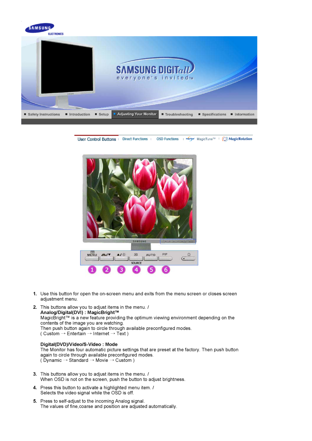 Samsung 204TS manual Analog/DigitalDVI MagicBright, DigitalDVD/Video/S-Video Mode 