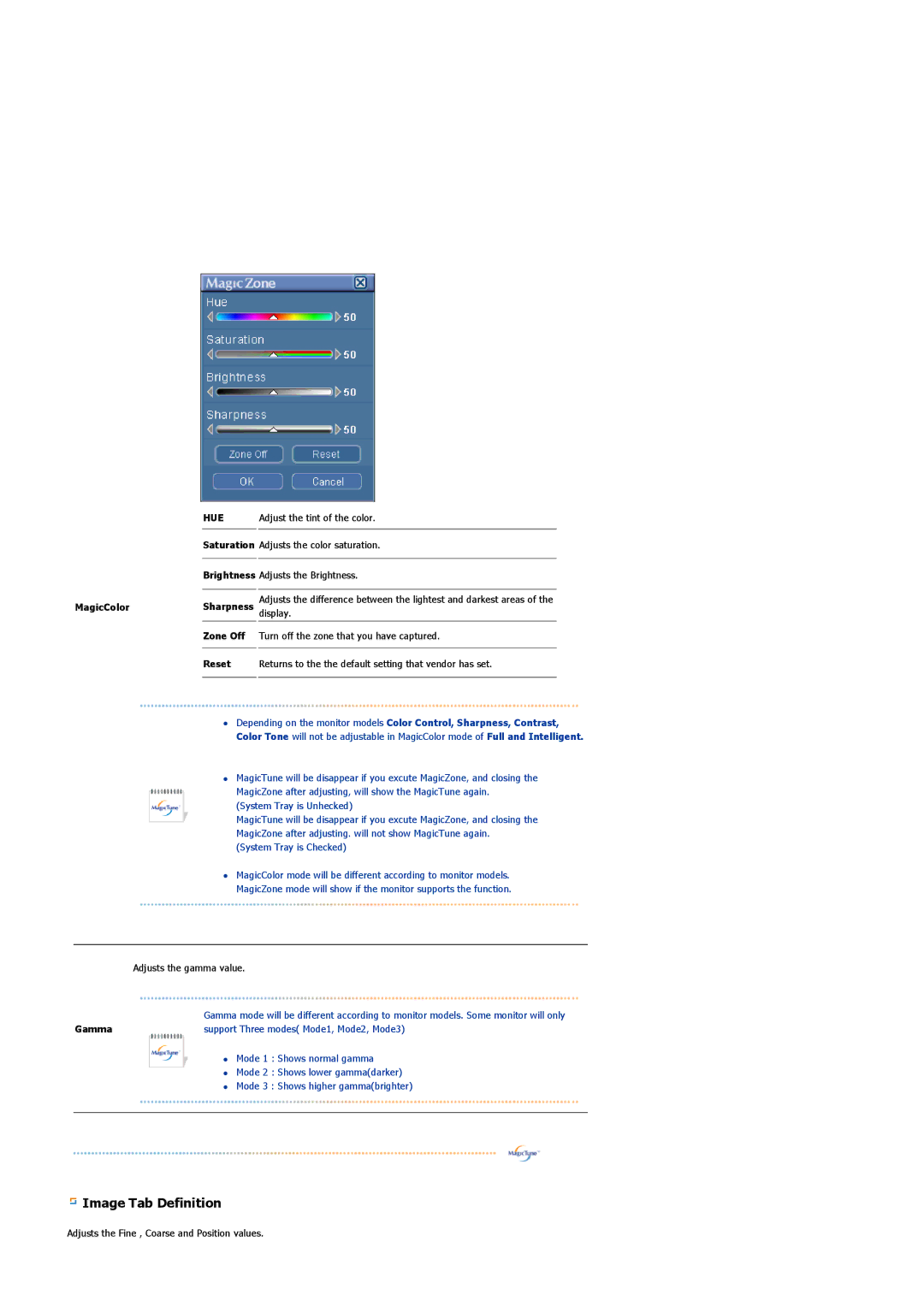 Samsung 204TS manual MagicColorSharpness Zone Off Reset, Gamma 