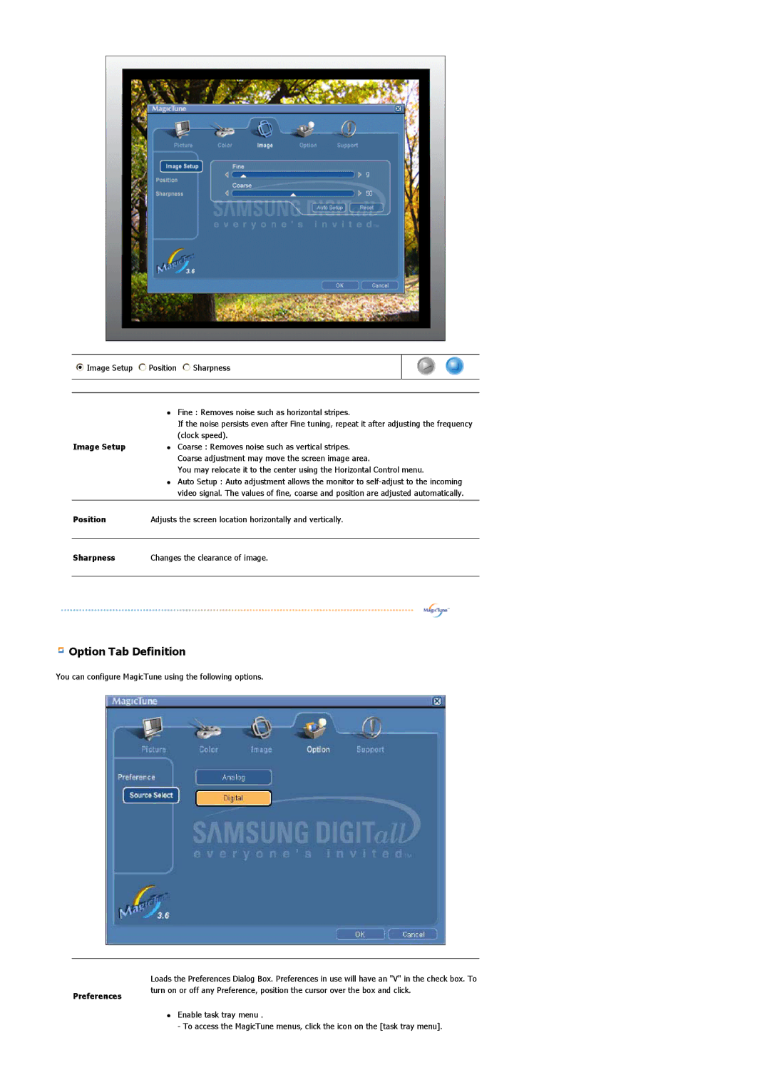 Samsung 204TS manual Image Setup, Position, Sharpness, Preferences 