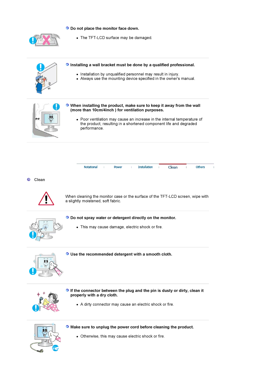 Samsung 204TS manual Do not place the monitor face down, Clean, Do not spray water or detergent directly on the monitor 