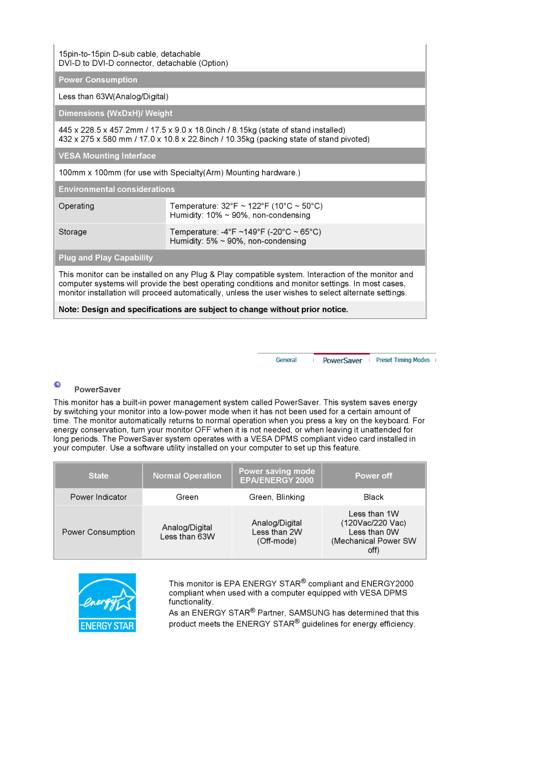 Samsung 204TS manual Power Consumption, Dimensions WxDxH/ Weight, Vesa Mounting Interface, Environmental considerations 