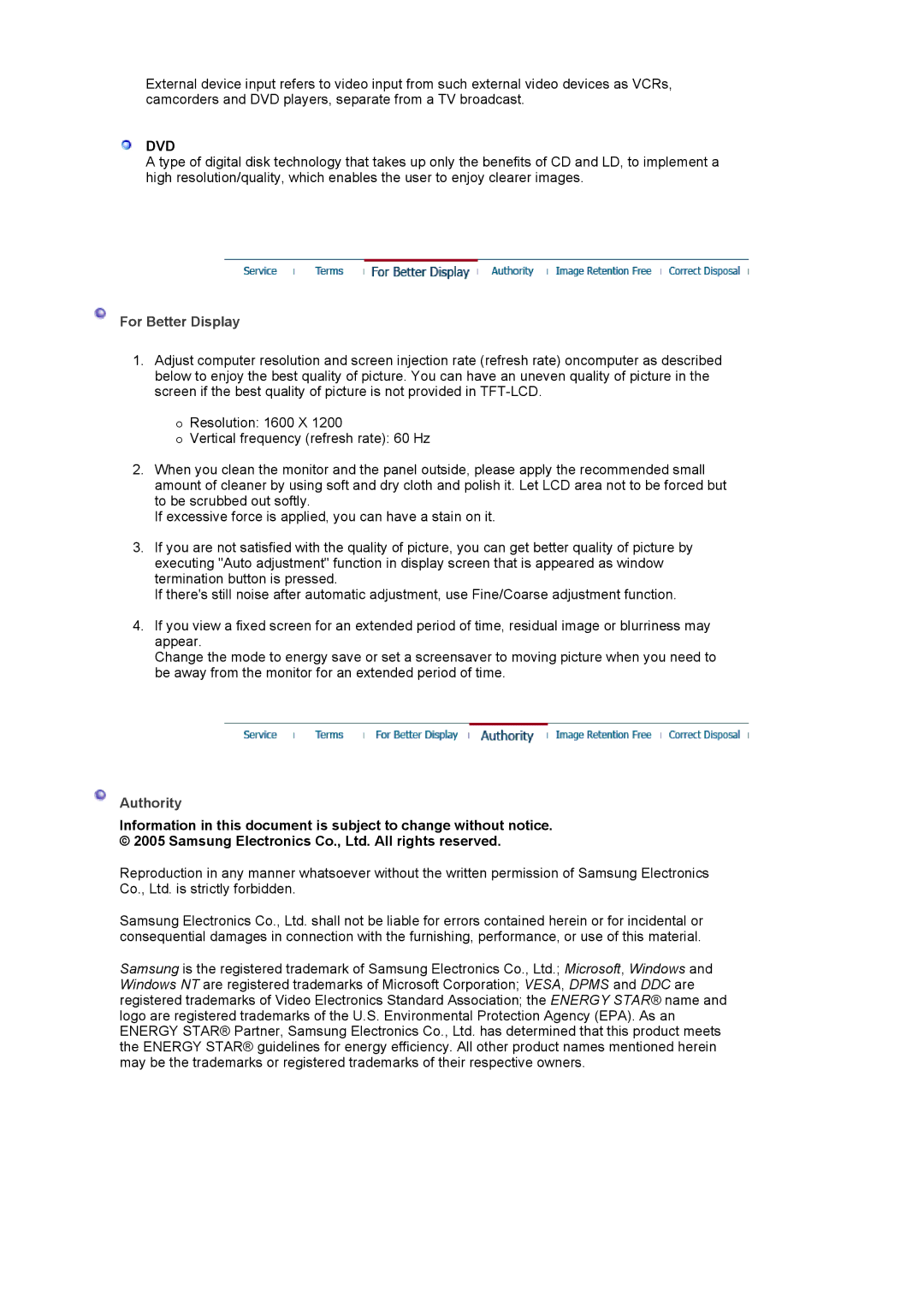 Samsung 204TS manual For Better Display, Authority 