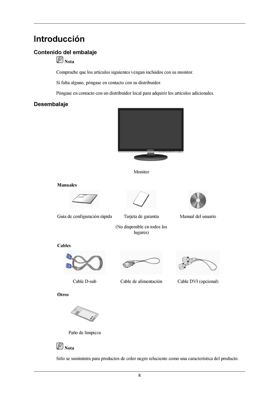 Samsung 2053BW quick start Introducción, Contenido del embalaje, Desembalaje 