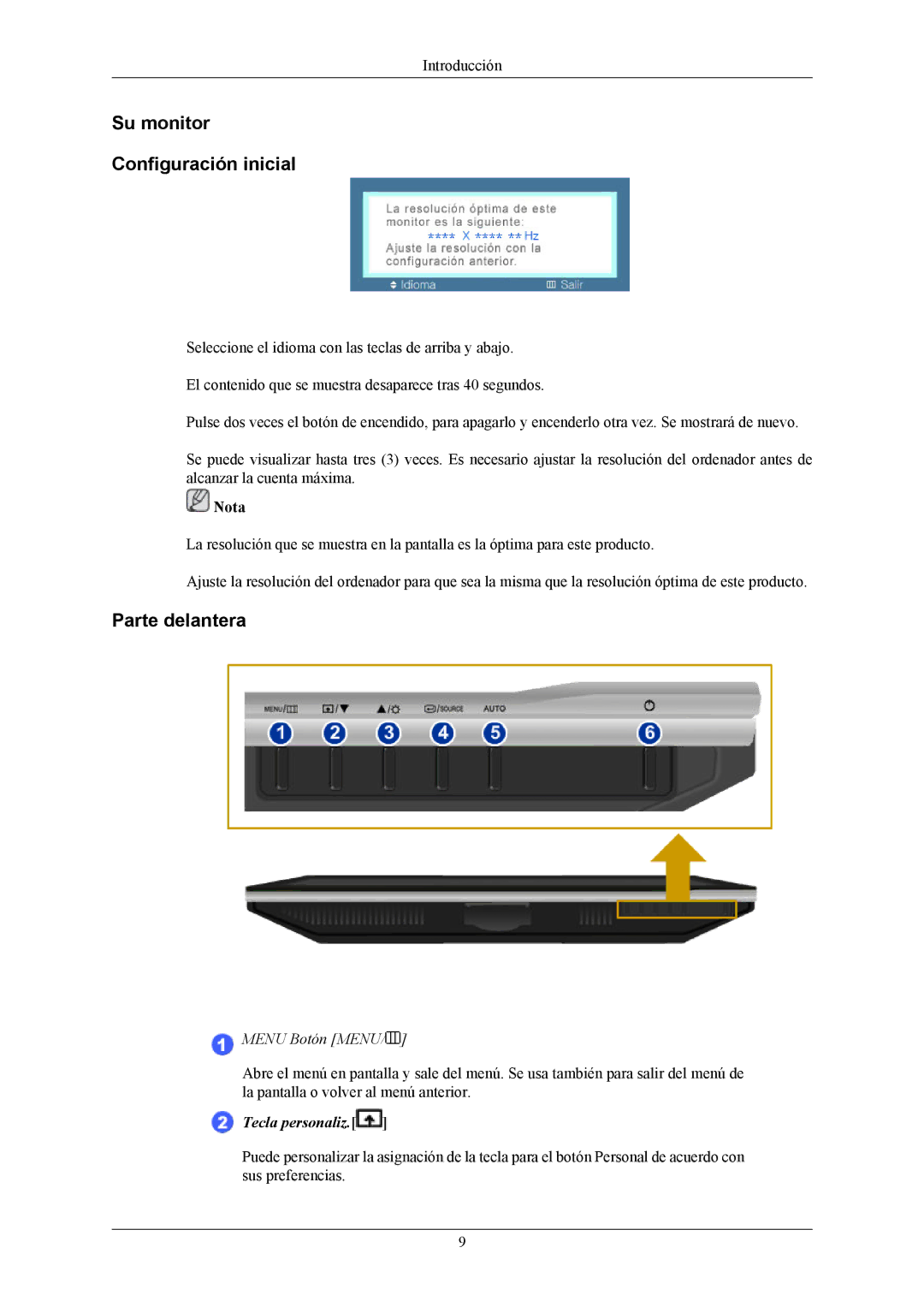 Samsung 2053BW quick start Su monitor Configuración inicial, Parte delantera, Menu Botón Menu 