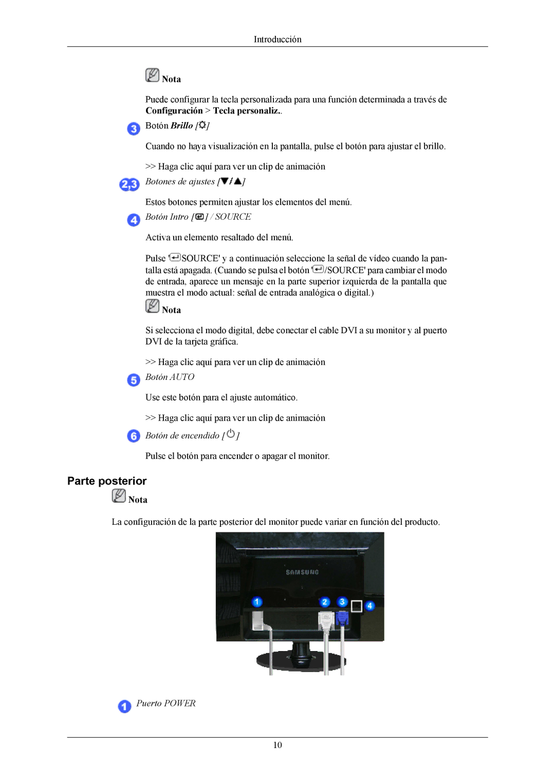 Samsung 2053BW quick start Parte posterior, Botón Intro / Source, Botón de encendido, Puerto Power 