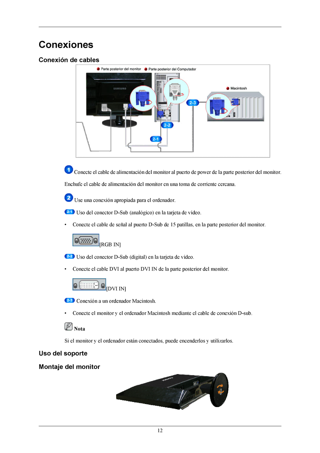 Samsung 2053BW quick start Conexiones, Conexión de cables, Uso del soporte Montaje del monitor 