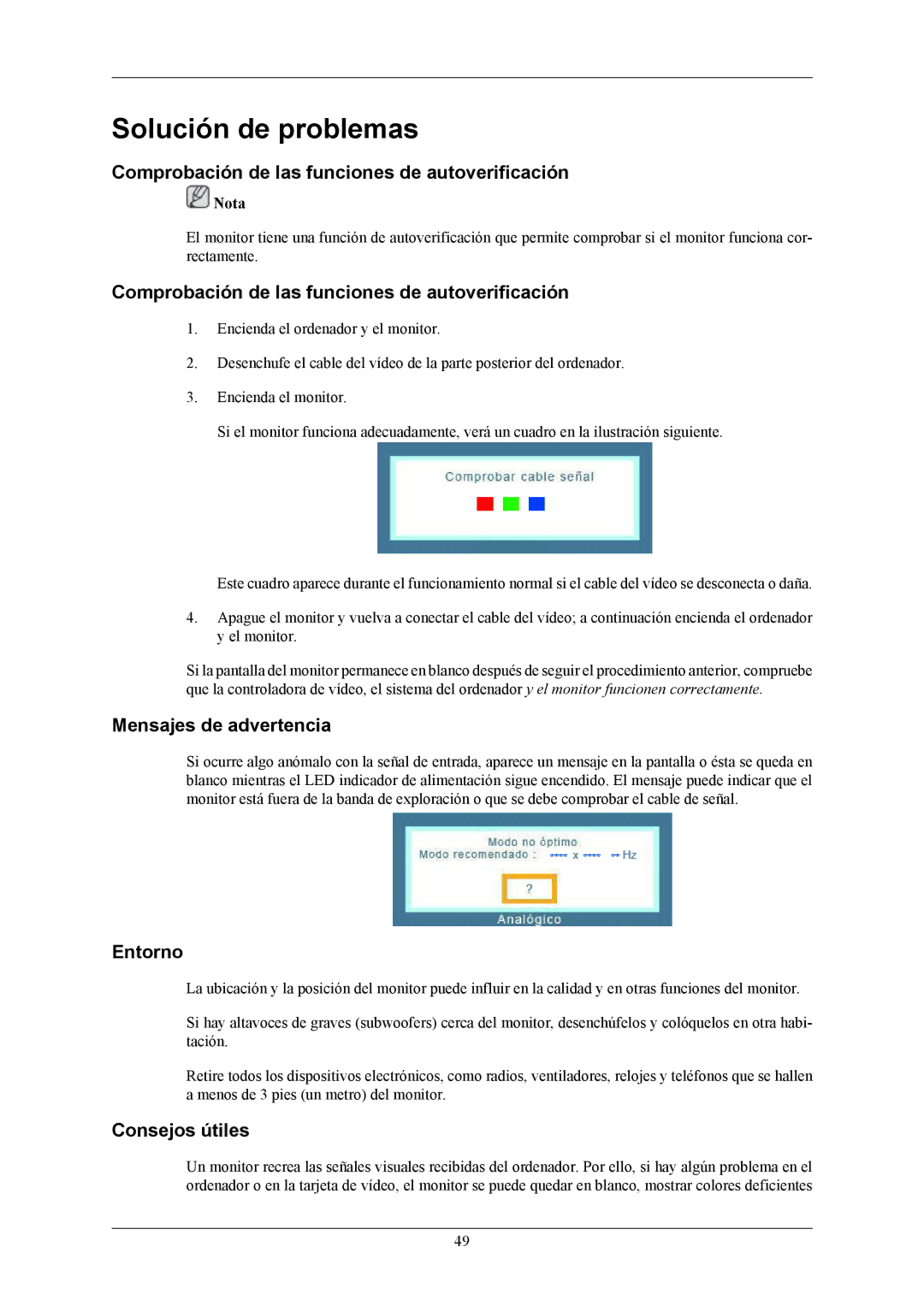 Samsung 2053BW Solución de problemas, Comprobación de las funciones de autoverificación, Mensajes de advertencia, Entorno 