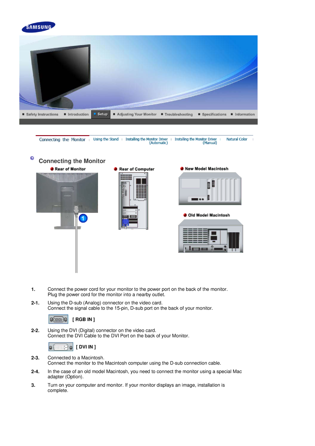 Samsung 204BW, 205BW, 205BW, 204BW manual Connecting the Monitor, Rgb, Dvi 