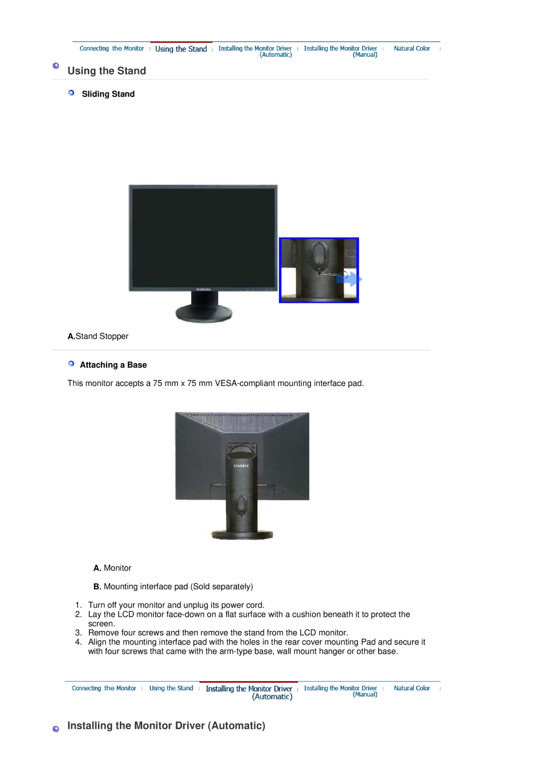 Samsung 205BW, 204BW manual Using the Stand, Installing the Monitor Driver Automatic, Sliding Stand, Attaching a Base 