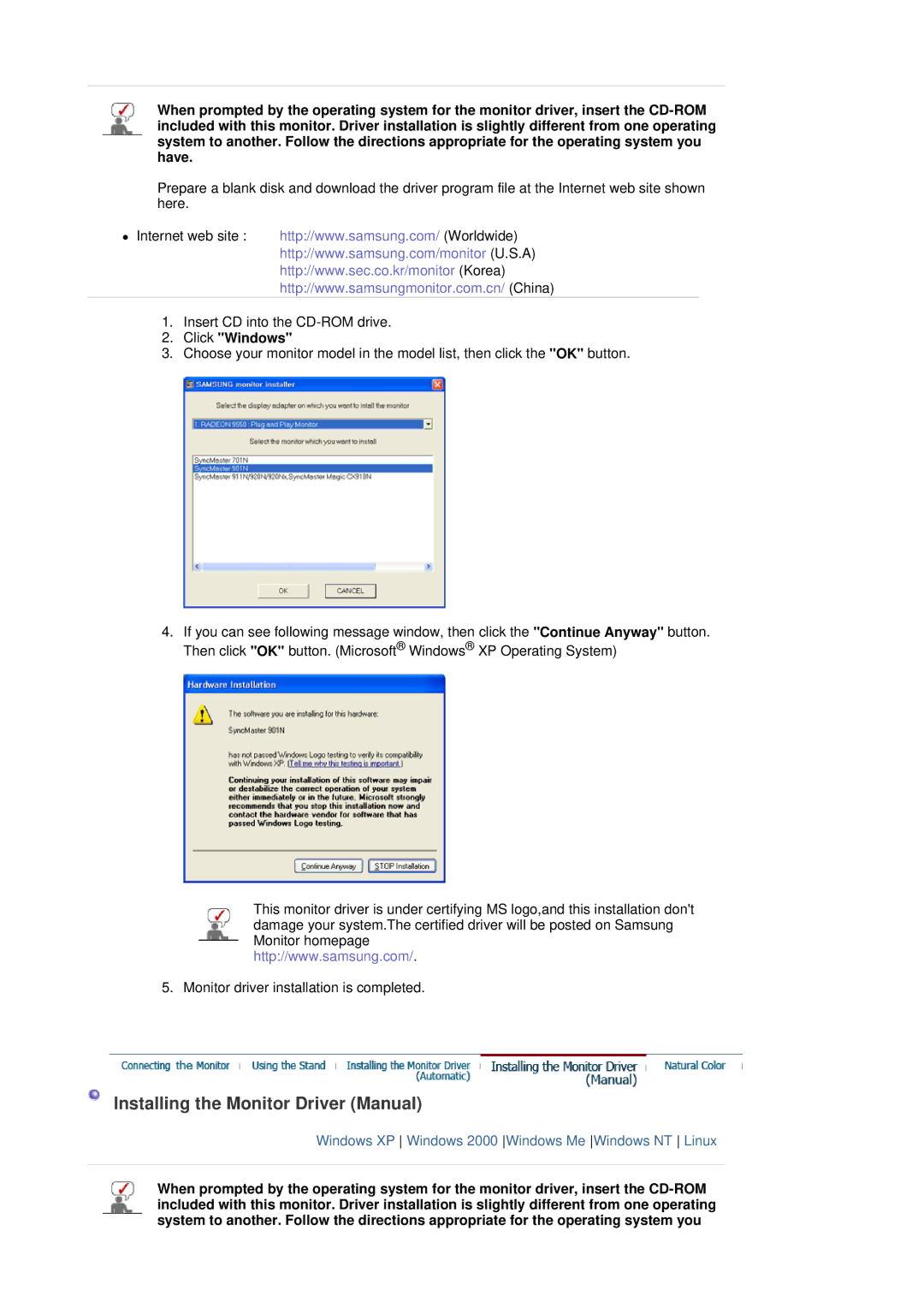 Samsung 204BW, 205BW, 205BW, 204BW manual Installing the Monitor Driver Manual, Click Windows 