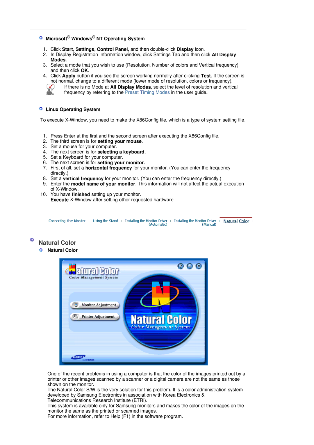 Samsung 204BW, 205BW, 205BW, 204BW manual Natural Color, Microsoft Windows NT Operating System, Linux Operating System 