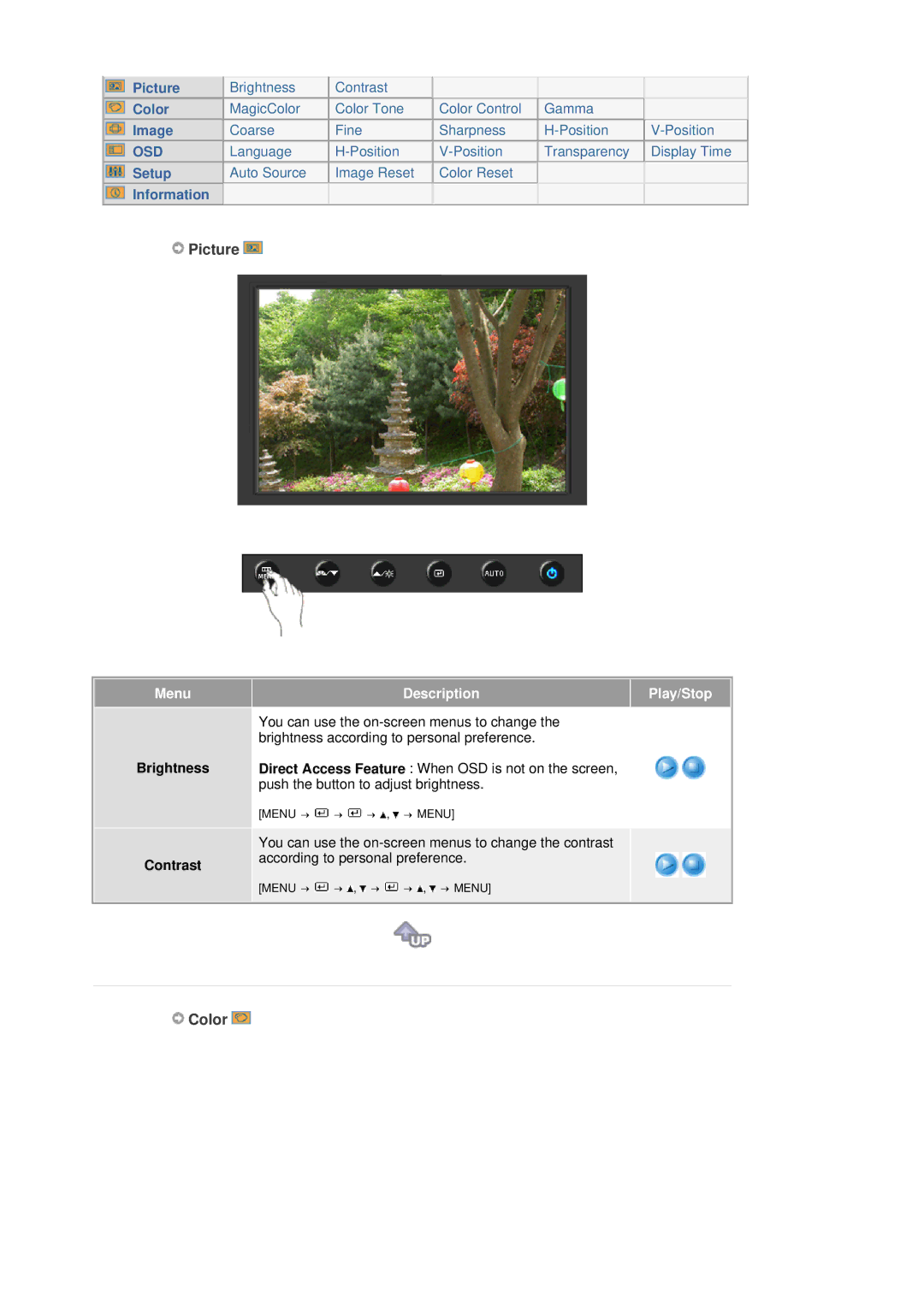 Samsung 204BW, 205BW, 205BW, 204BW manual Picture, Color, Brightness Contrast, DescriptionPlay/Stop 