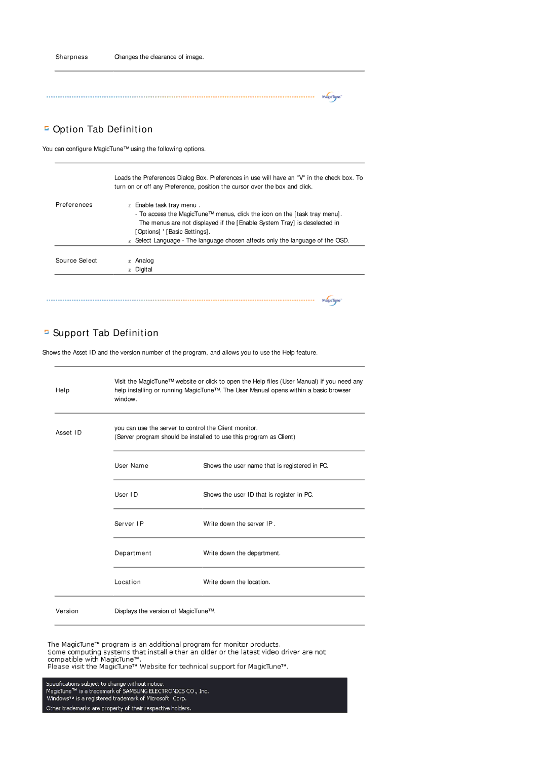 Samsung 204BW, 205BW, 205BW, 204BW manual Option Tab Definition 