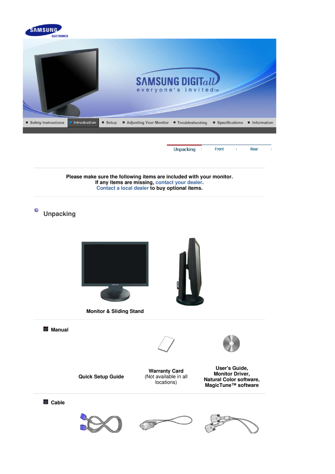 Samsung 205BW manual Unpacking, Natural Color software, MagicTune software, Cable 