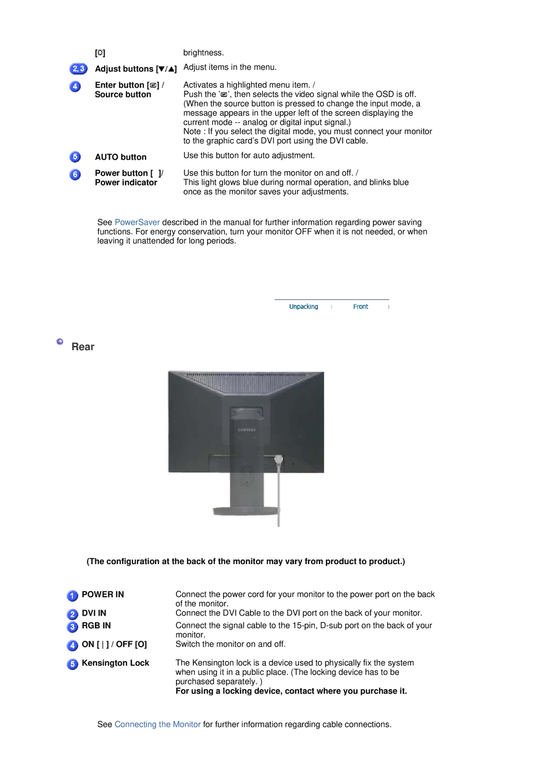 Samsung 205BW manual Rear, Auto button Power button / Power indicator, On / OFF O, Kensington Lock 