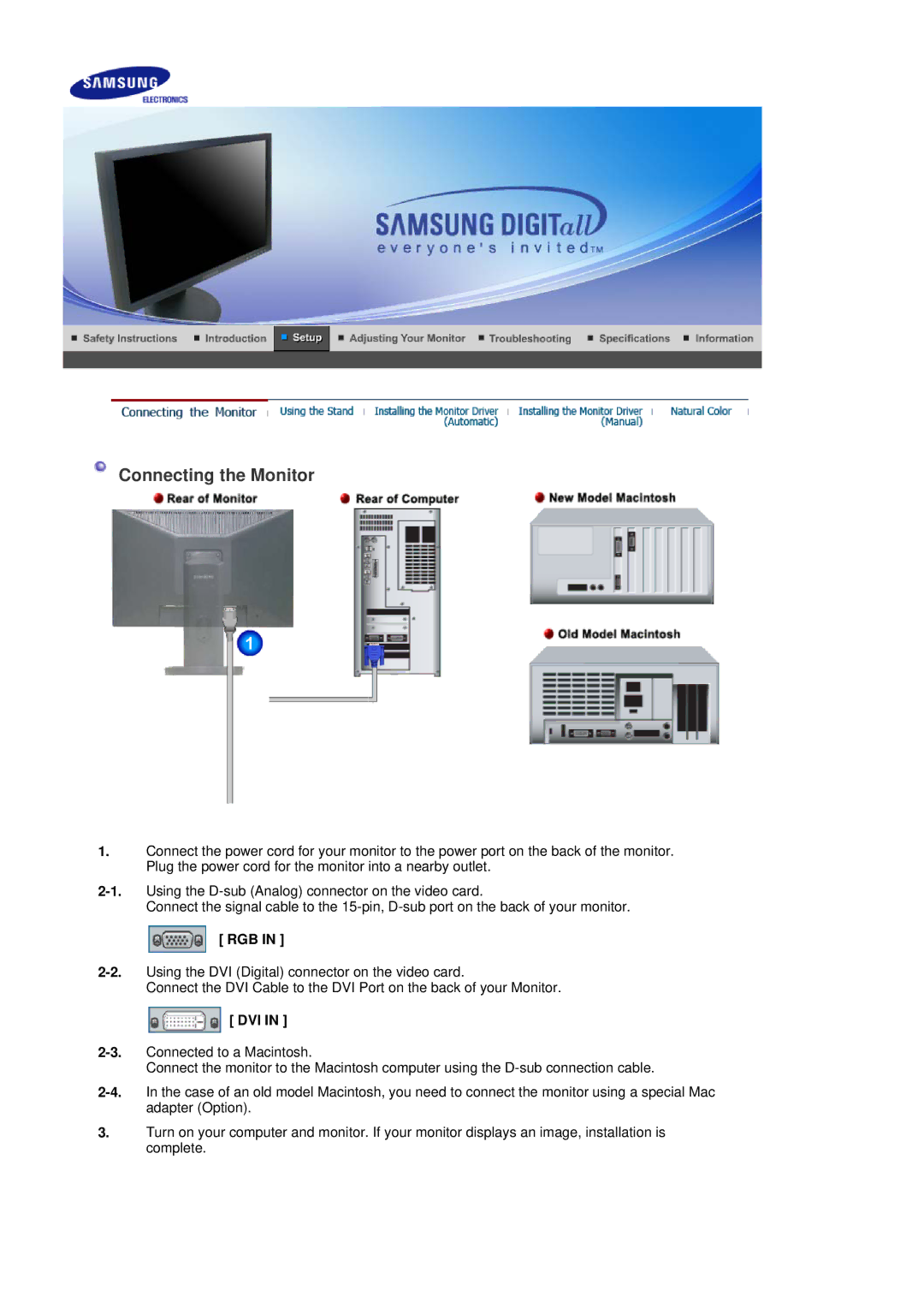 Samsung 205BW manual Connecting the Monitor, Rgb, Dvi 