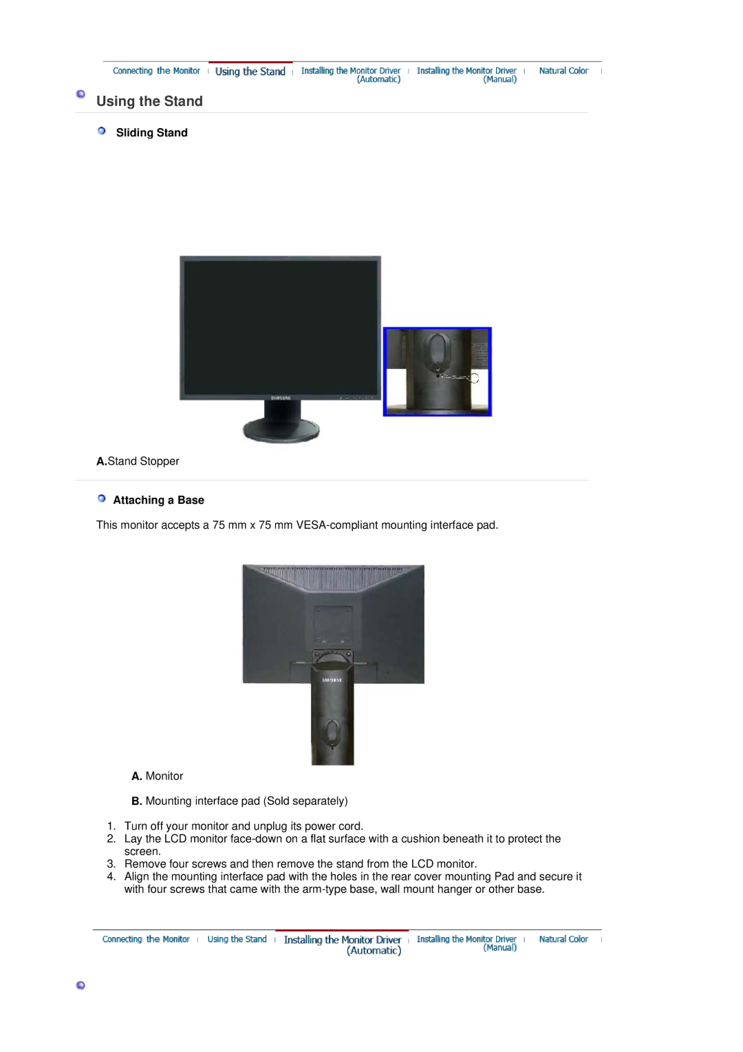 Samsung 205BW manual Using the Stand, Sliding Stand, Attaching a Base 