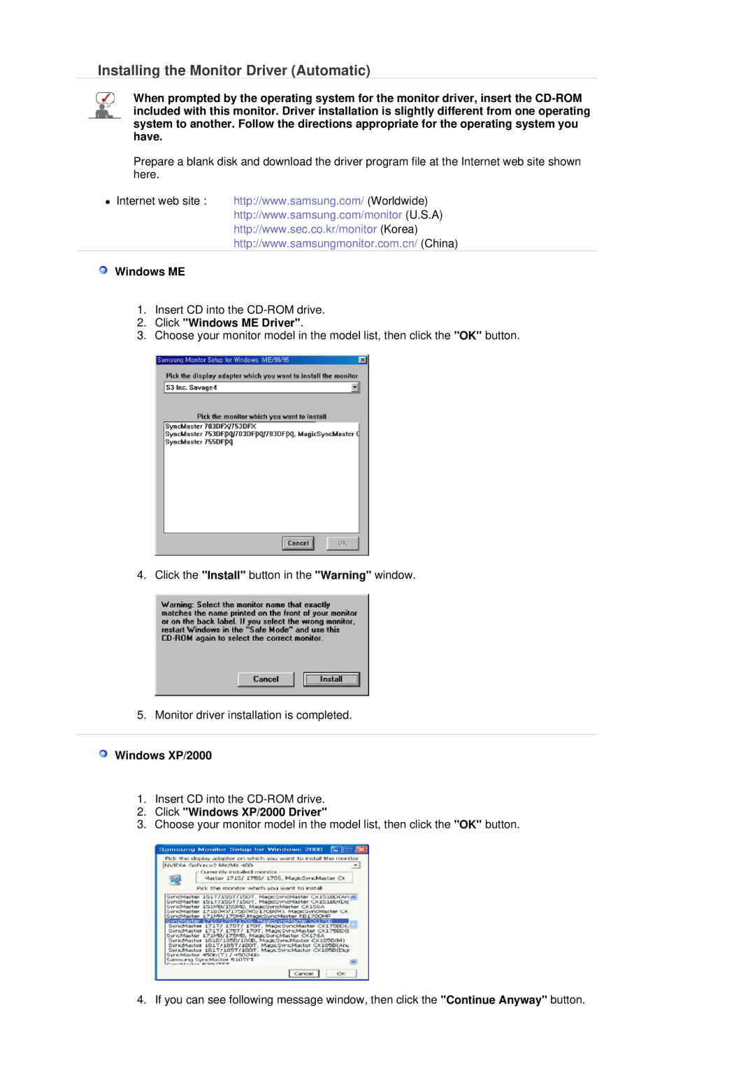 Samsung 205BW manual Installing the Monitor Driver Automatic, Click Windows ME Driver, Windows XP/2000 