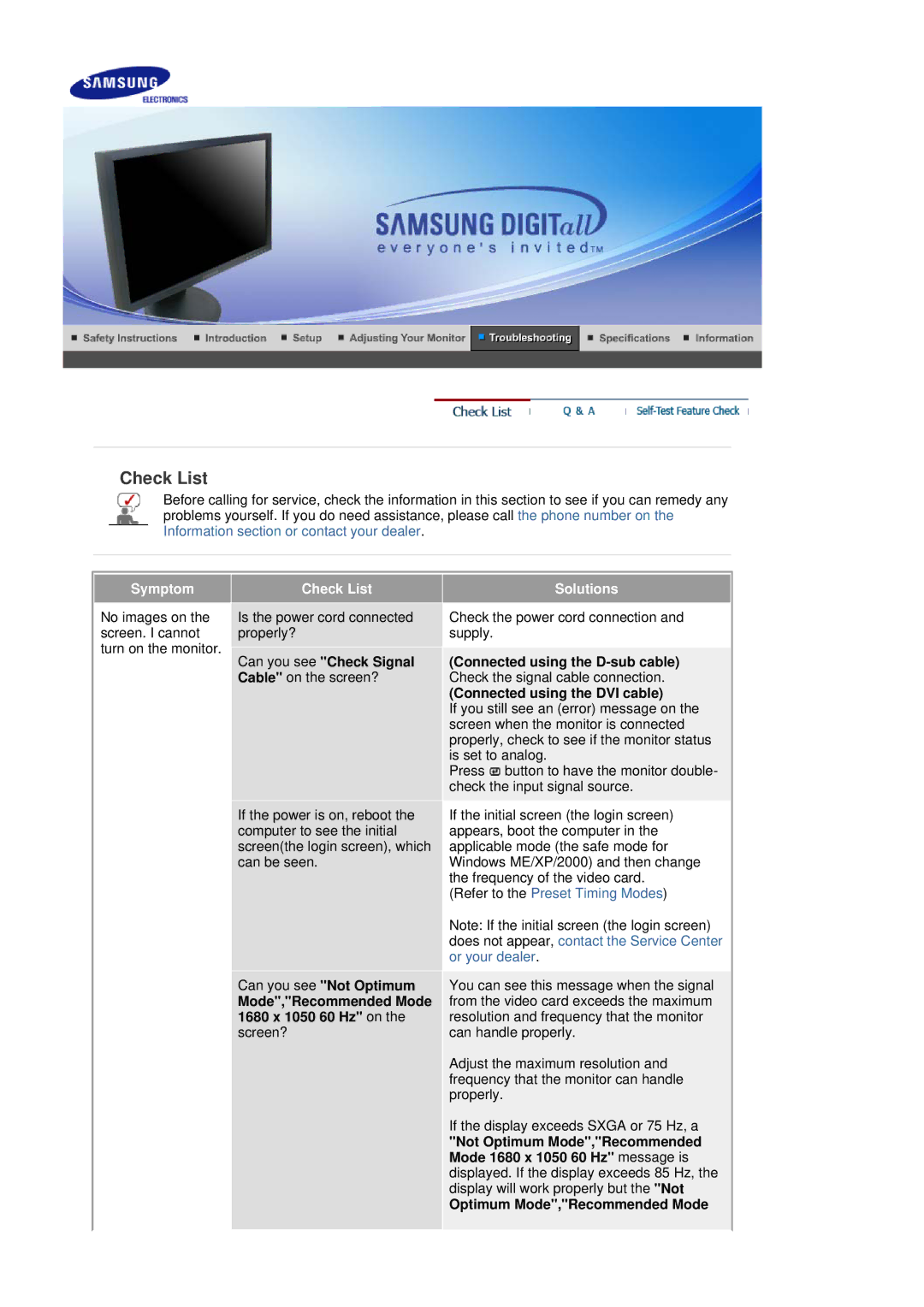 Samsung 205BW manual Symptom Check List Solutions 