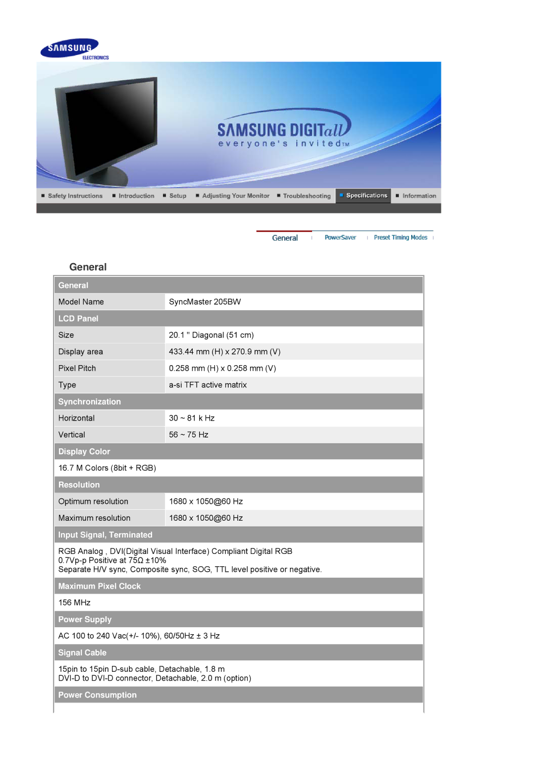 Samsung 205BW manual General 