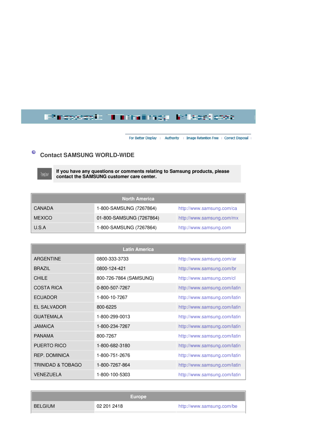 Samsung 205BW manual Contact Samsung WORLD-WIDE, North America, Latin America, Europe 