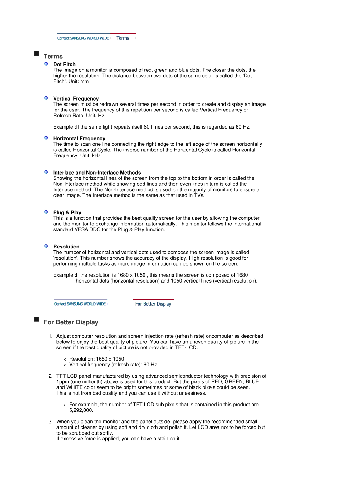 Samsung 205BW manual Terms, For Better Display 