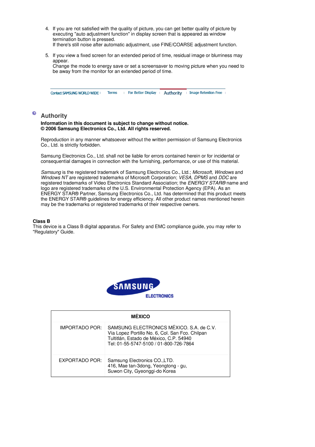 Samsung 205BW manual Authority, Class B 