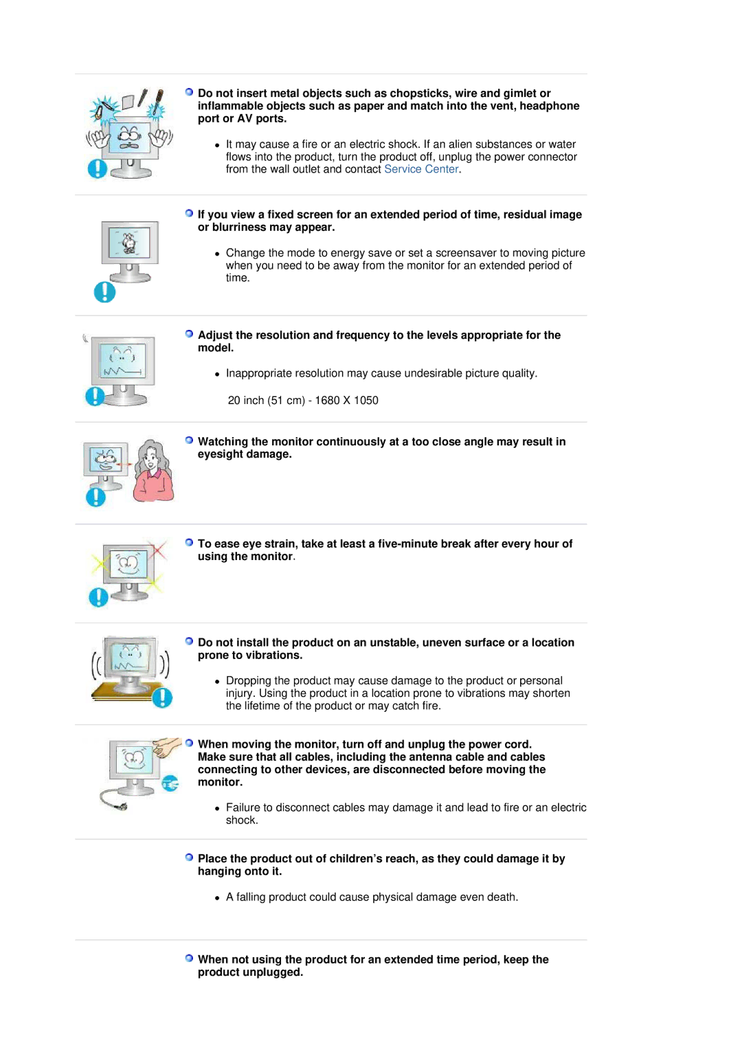 Samsung 205BW manual Falling product could cause physical damage even death 