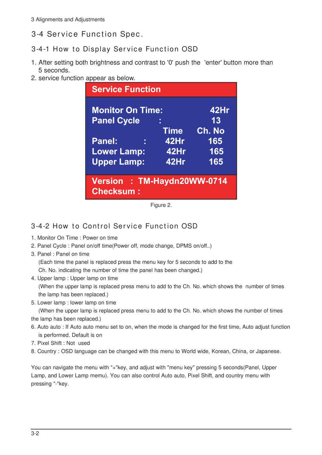 Samsung 205BW service manual Service Function Spec, How to Display Service Function OSD 