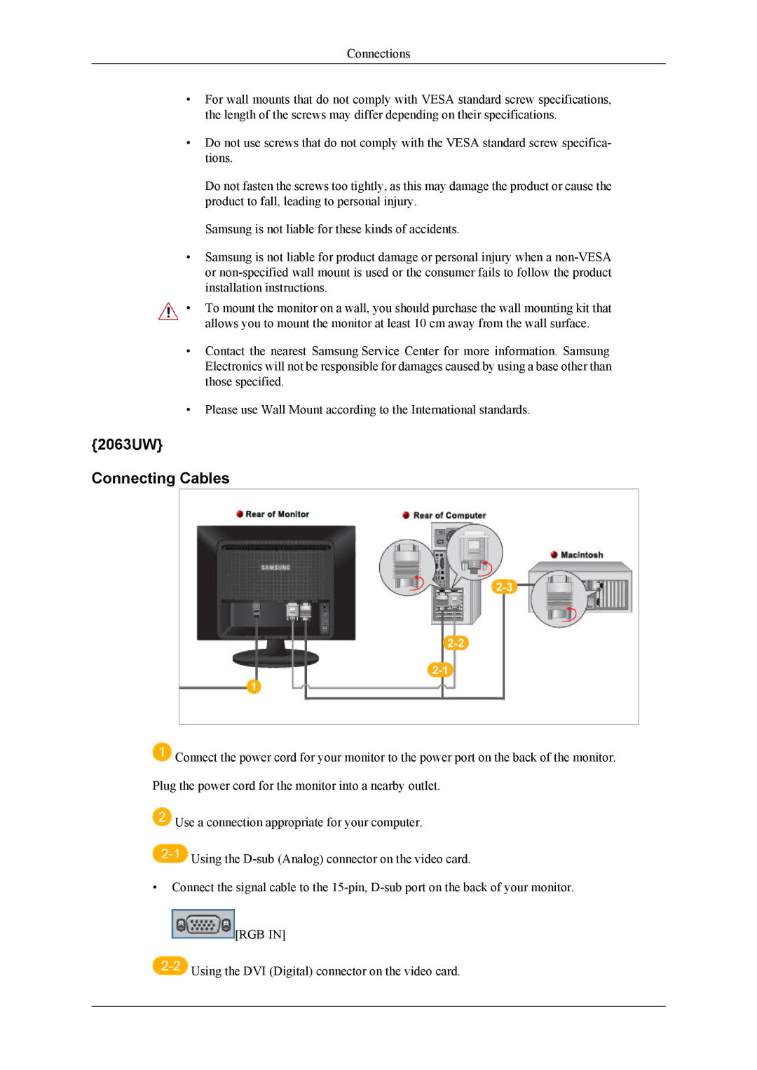 Samsung 963UW user manual 2063UW Connecting Cables 