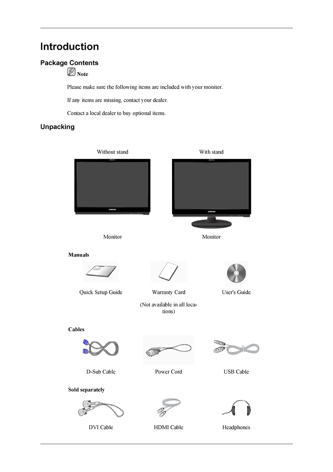 Samsung 2063UW, 963UW user manual Package Contents, Unpacking 