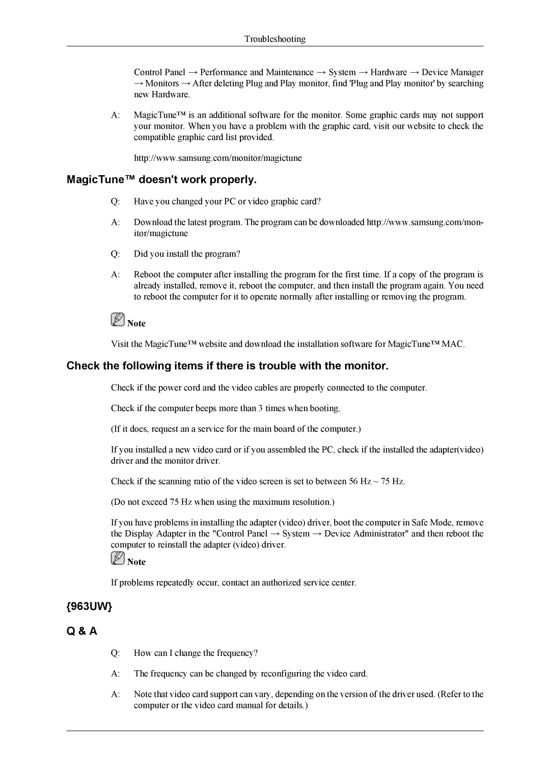 Samsung 2063UW user manual MagicTune doesnt work properly, 963UW 