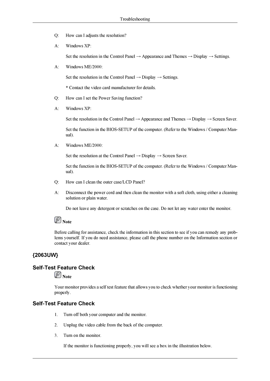 Samsung 963UW user manual 2063UW Self-Test Feature Check 