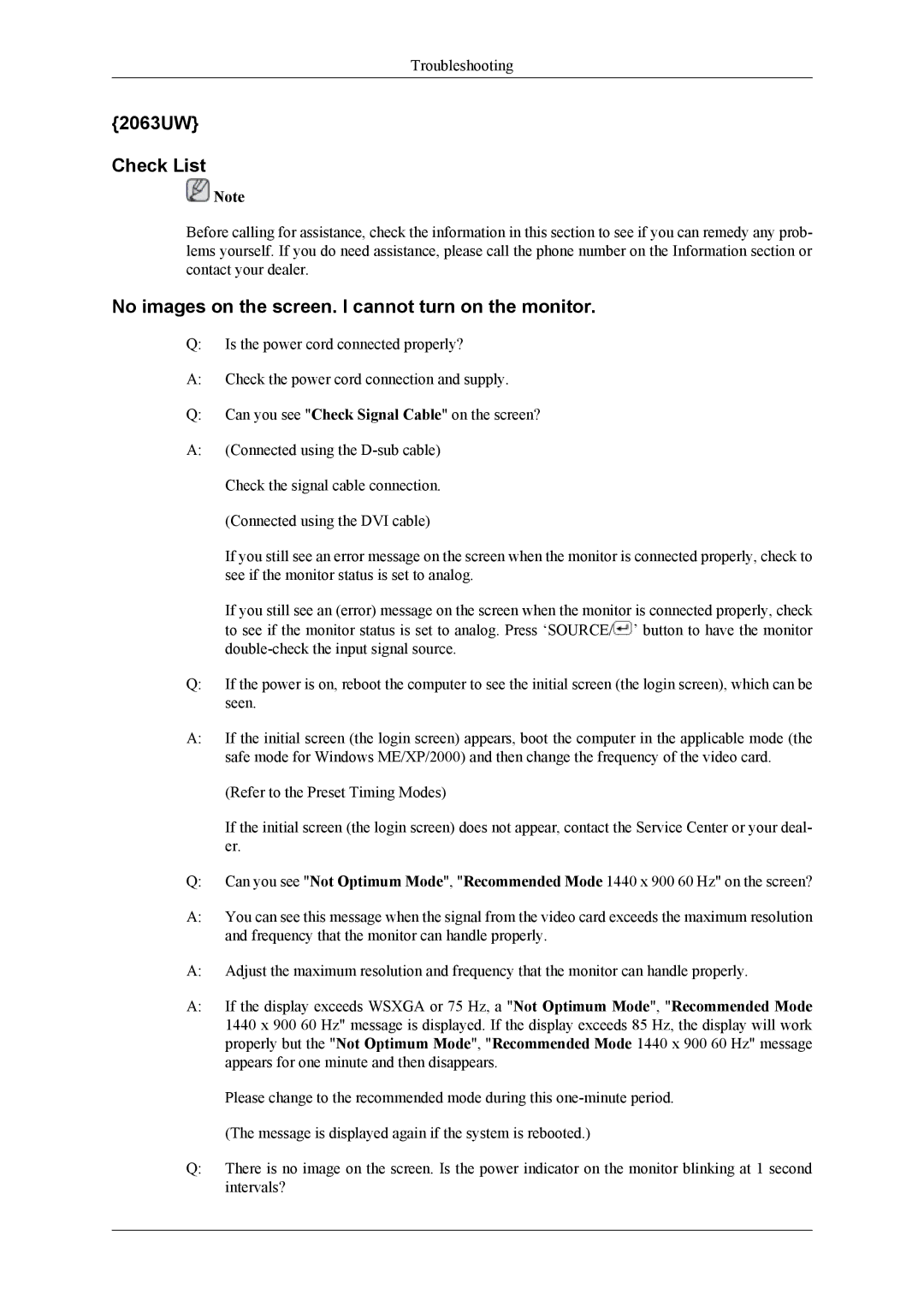 Samsung 963UW user manual 2063UW Check List, No images on the screen. I cannot turn on the monitor 