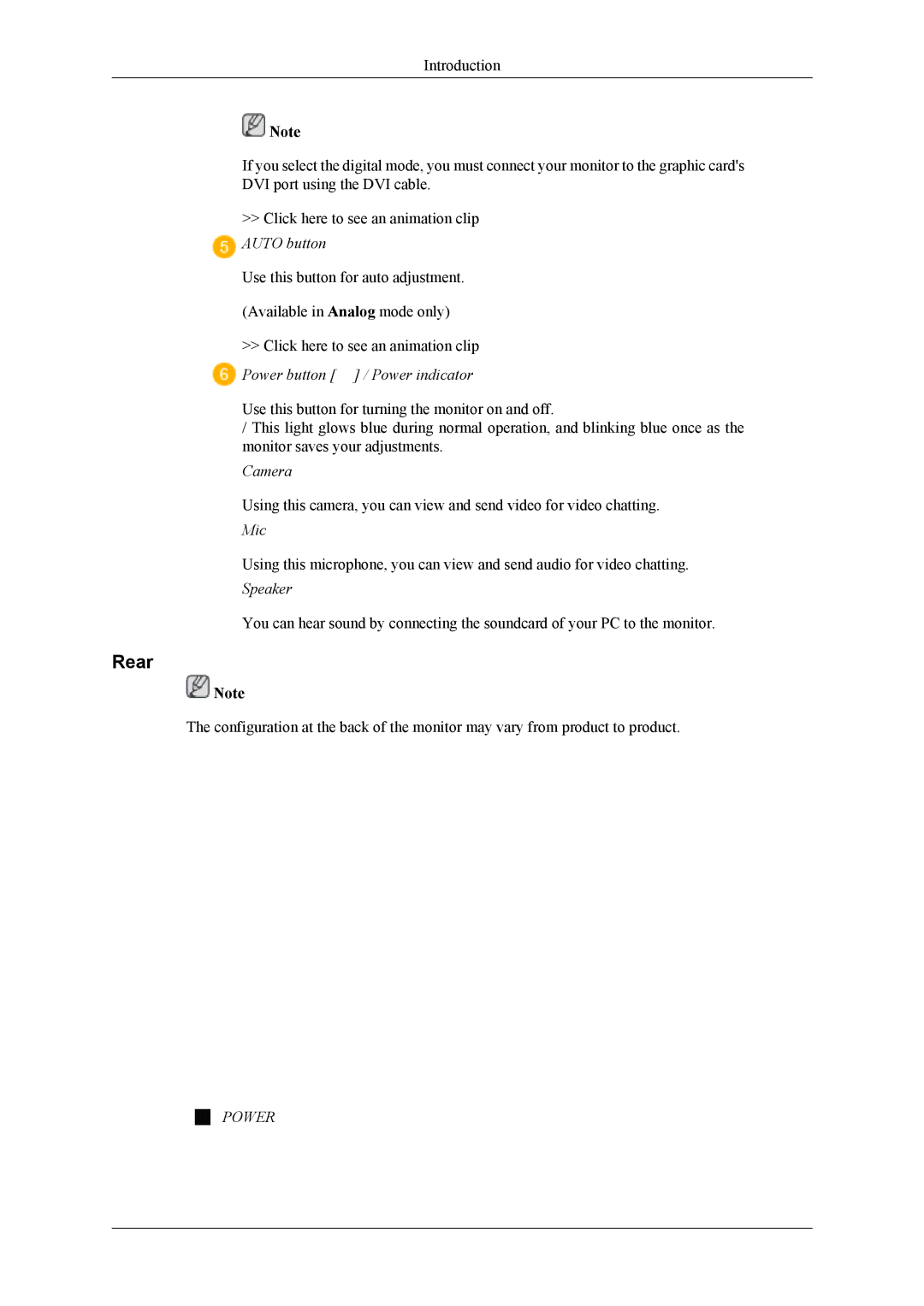 Samsung 963UW, 2063UW user manual Rear, Power button / Power indicator 