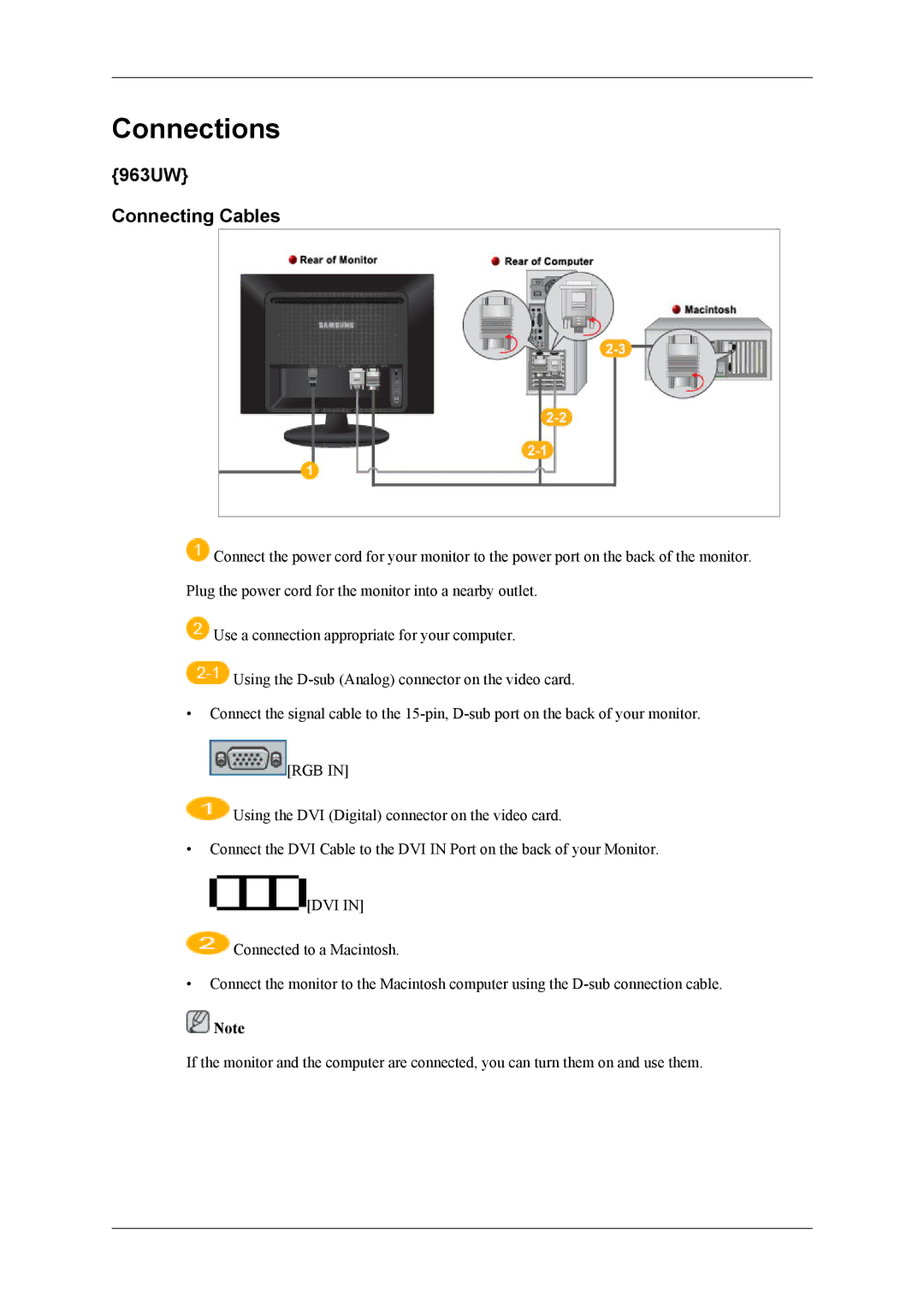 Samsung 2063UW user manual Connections, 963UW Connecting Cables 