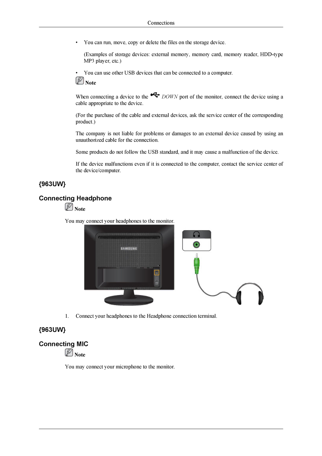 Samsung 2063UW user manual 963UW Connecting Headphone, 963UW Connecting MIC 