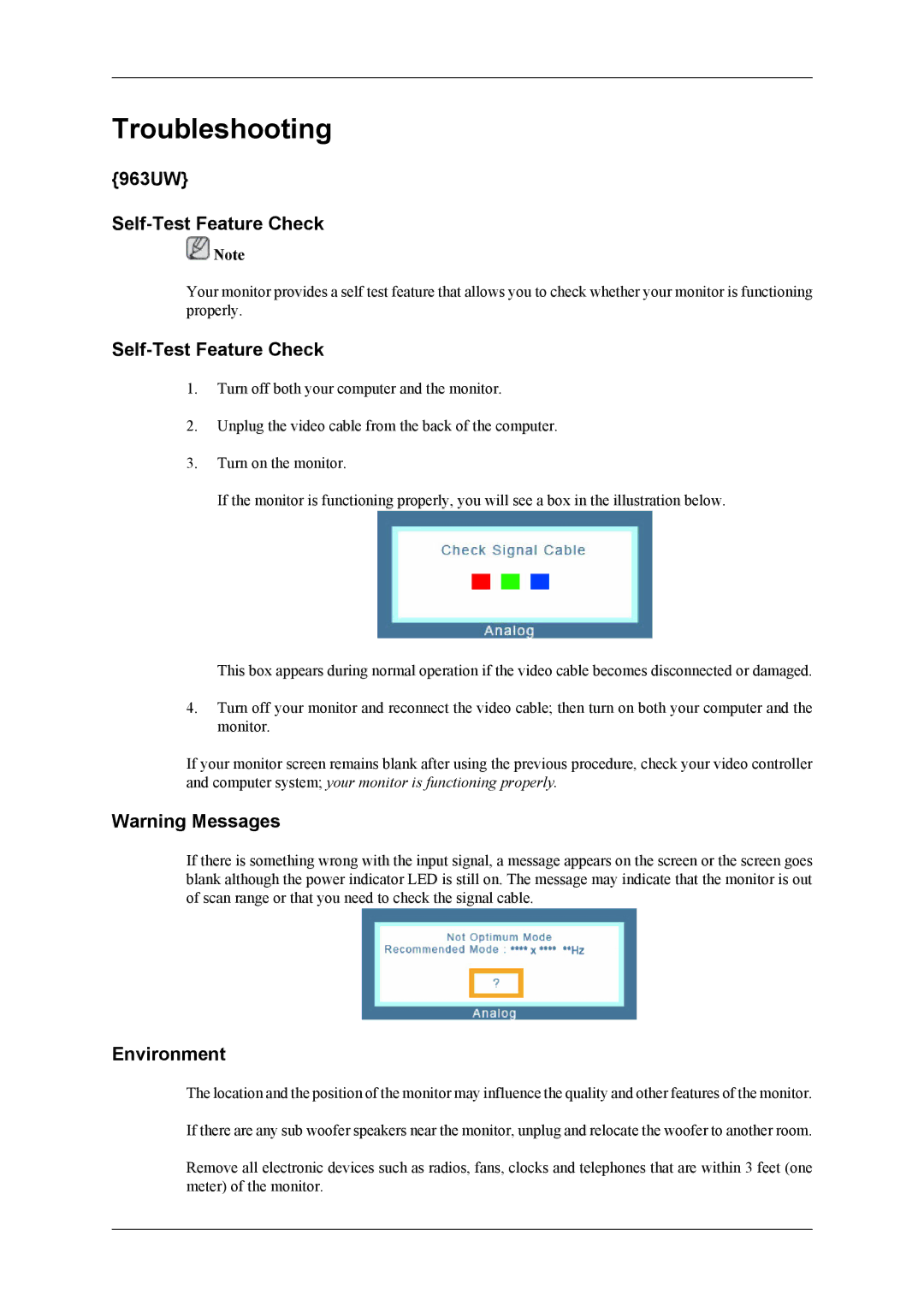 Samsung 2063UW user manual 963UW Self-Test Feature Check, Environment 