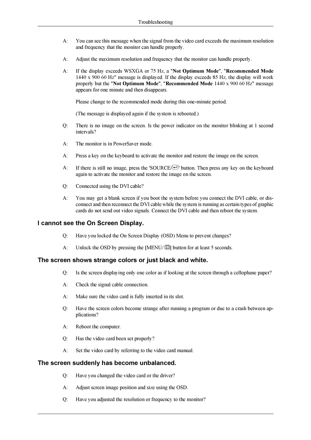 Samsung 2063UW, 963UW user manual Cannot see the On Screen Display, Screen shows strange colors or just black and white 