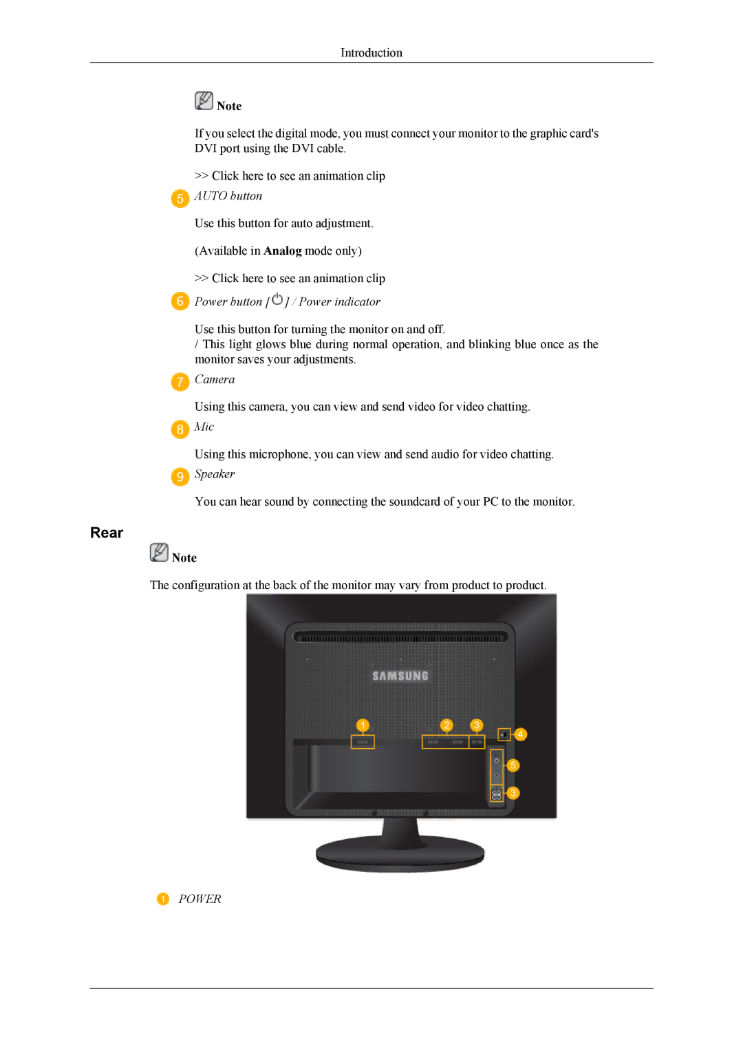 Samsung 963UW, 2063UW user manual Rear, Power button / Power indicator 