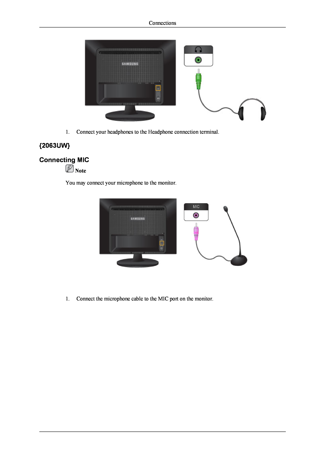 Samsung 963UW user manual 2063UW Connecting MIC, Connections, Connect your headphones to the Headphone connection terminal 
