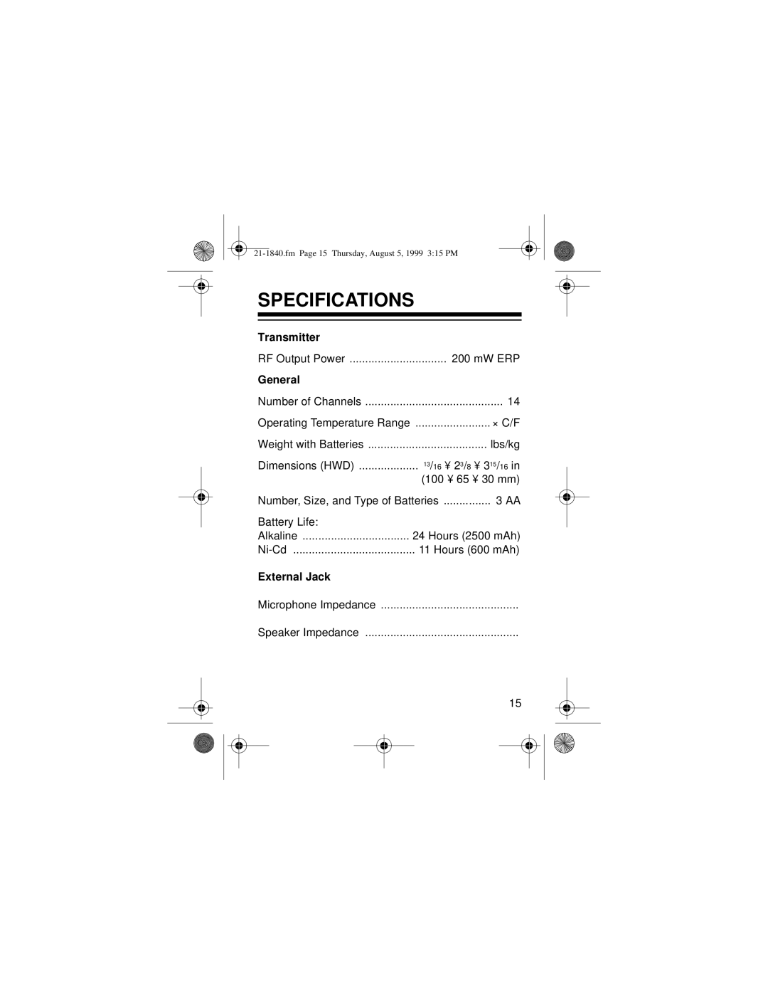 Samsung 21-1840 owner manual Specifications, General 