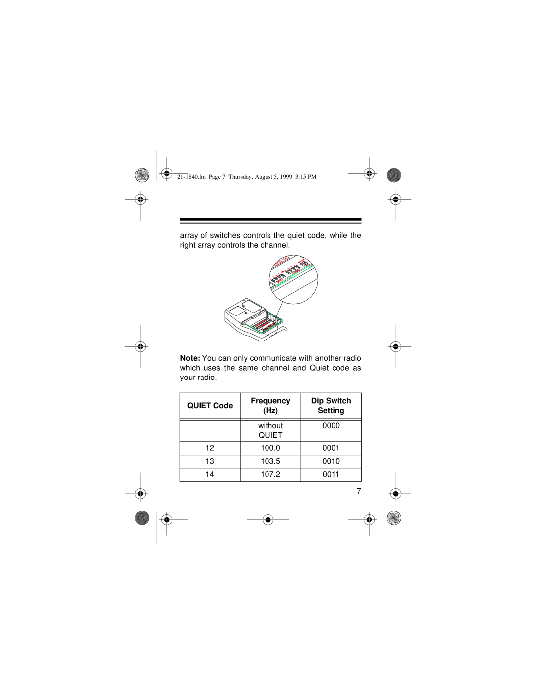 Samsung 21-1840 owner manual Quiet Code Frequency Dip Switch Setting 