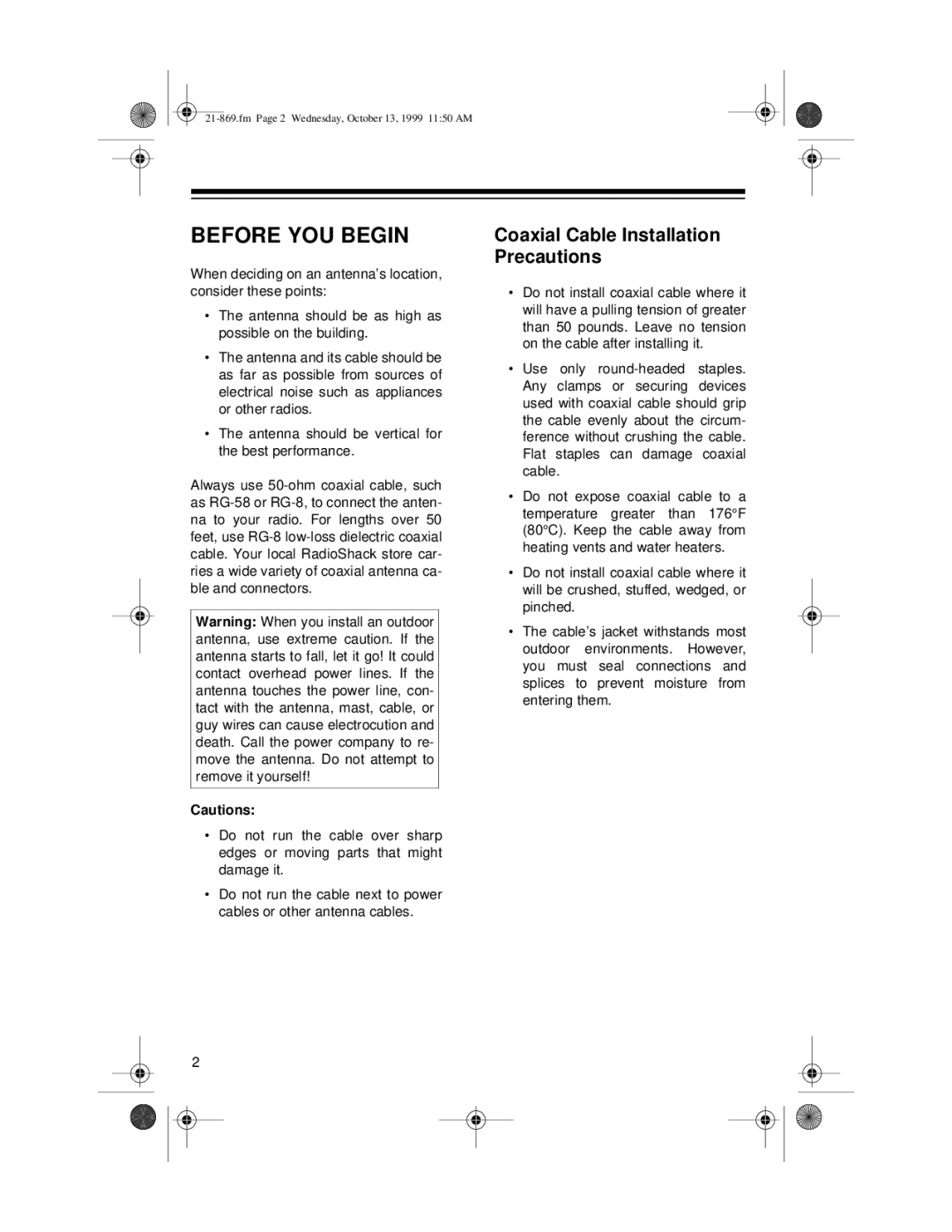 Samsung 21-869 manual Before YOU Begin, Coaxial Cable Installation Precautions 