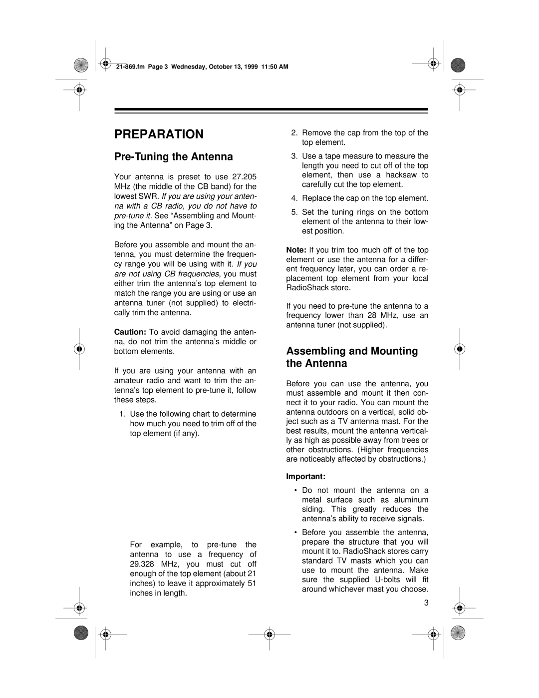 Samsung 21-869 manual Preparation, Pre-Tuning the Antenna, Assembling and Mounting the Antenna 